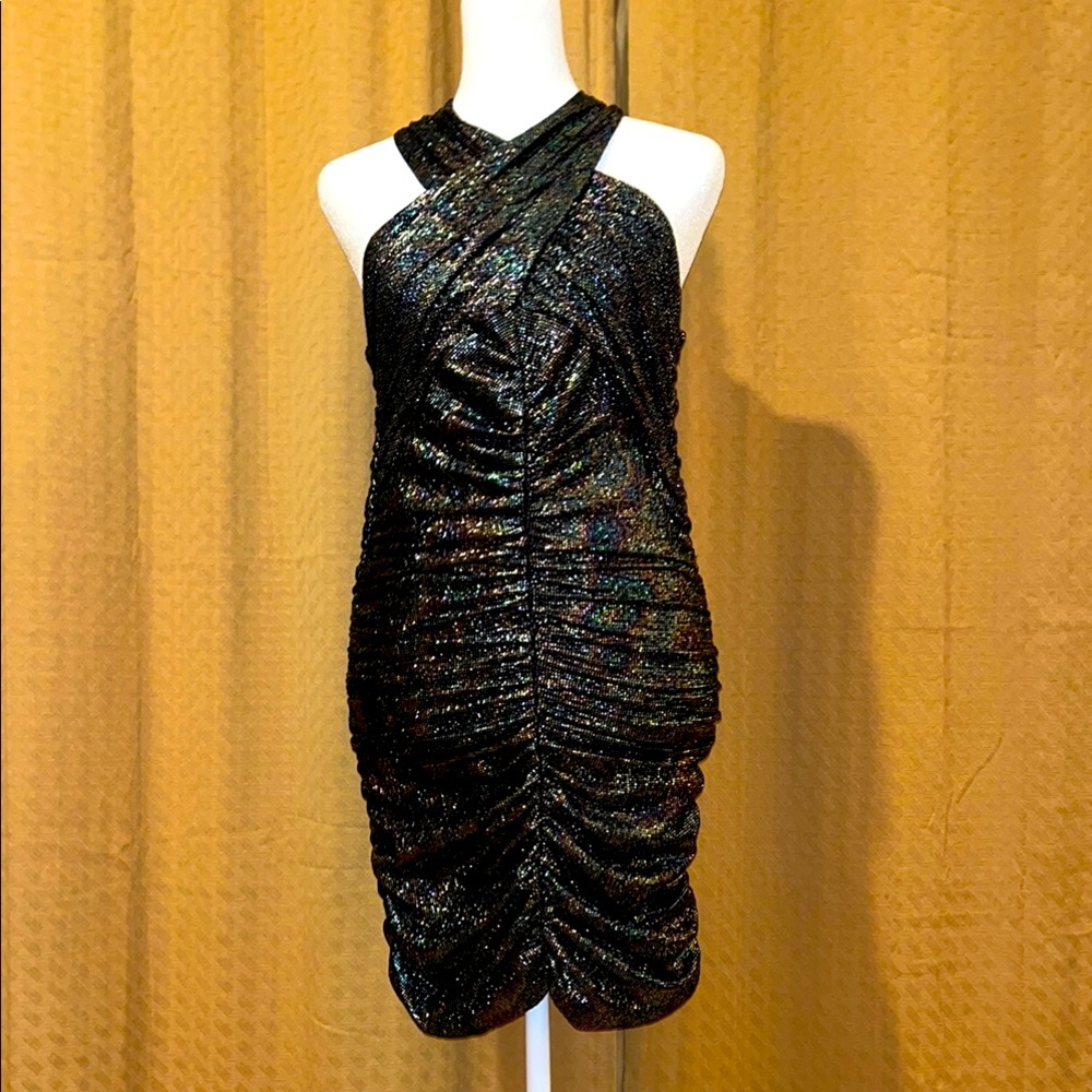 NWOT Zara drapped crossover neck sparkling multicoloured mini dress. Size XS. - Picture 4 of 13